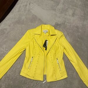 New Joseph Ribkoff Yellow Leather Jacket Asymmetrical Zipper Moto Style